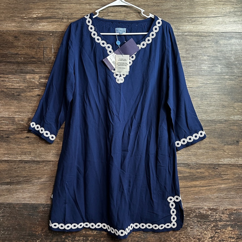 Les Canediers Navy Blue Swim Coverup with White Trim Size 40